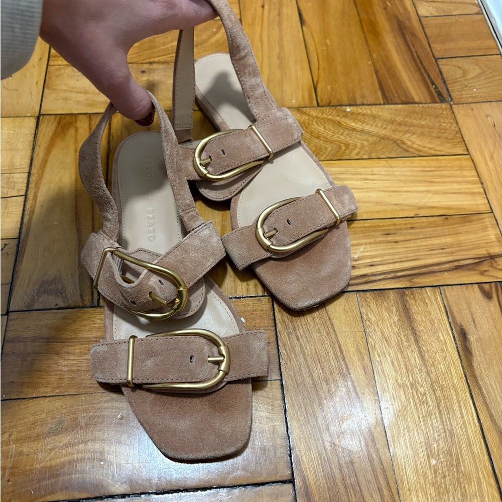 Veronica Beard Tan Suede Sandals with Gold Buckles